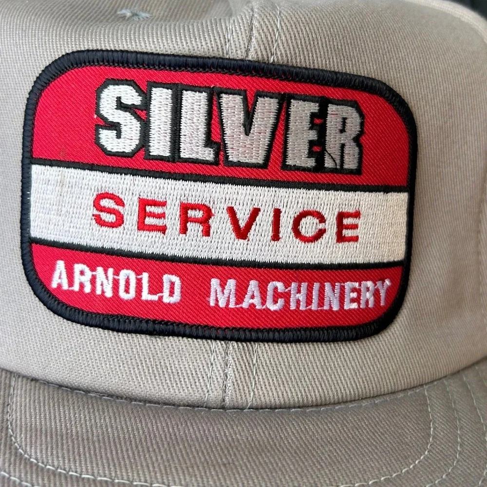 Vintage Silver Service Arnold Machinery Snapback Hat Made in USA Tan Patch Logo